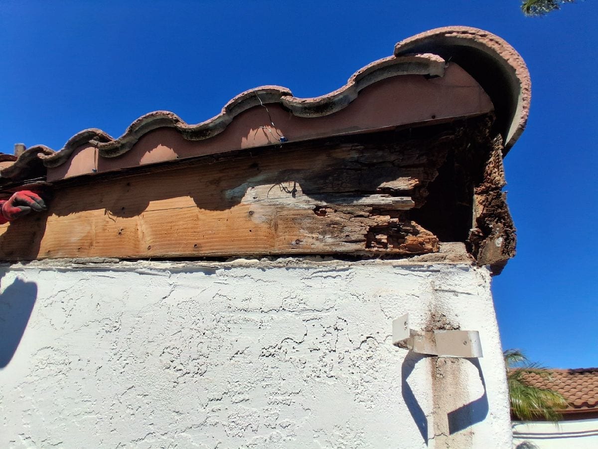 Visible fascia deterioration associated with neglected gutter maintenance on an AWC project