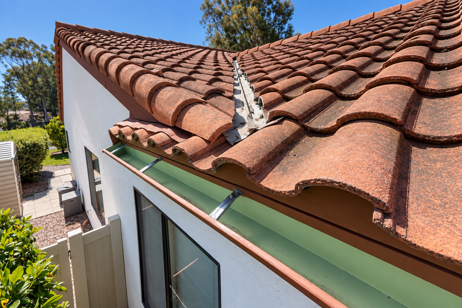 Approved AWC photo showing a roof edge with a newly installed metal gutter